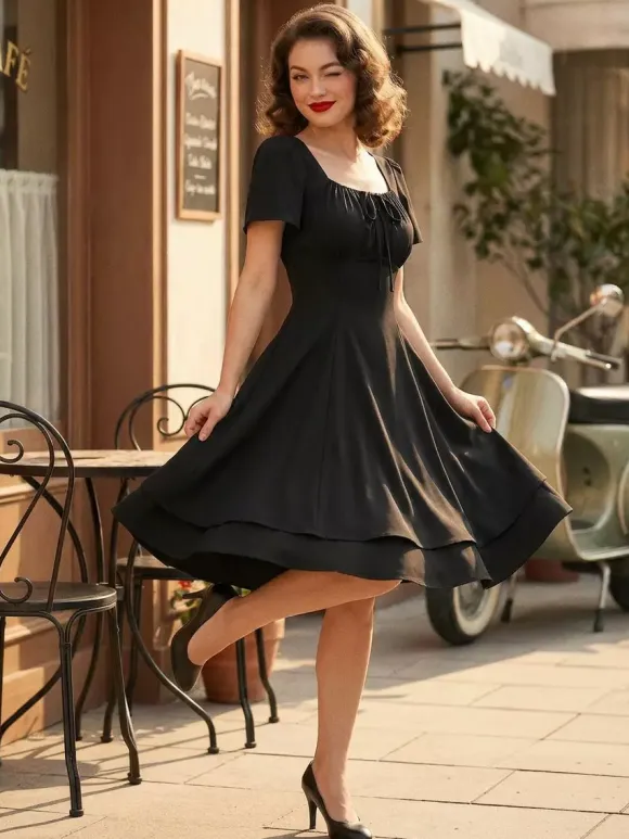 Vintage Square-Neck Midi Dress In Black For Summer 2026