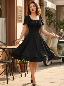 Vintage Square-Neck Midi Dress In Black For Summer 2026