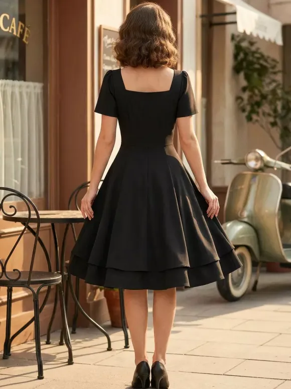 Vintage Square-Neck Midi Dress In Black For Summer 2026