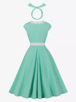 Vintage Swing Dress Women's 1950s Contrast Trim Bow Neck Tea Party Dress