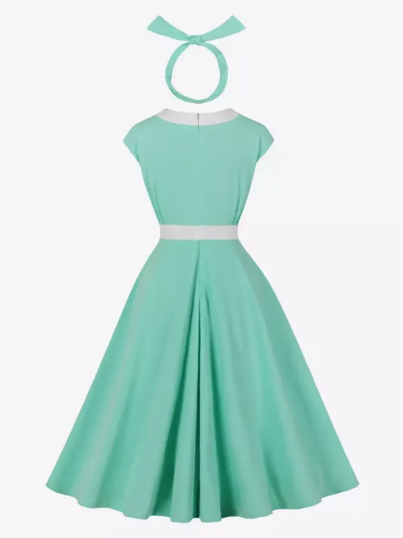 Vintage Swing Dress Women's 1950s Contrast Trim Bow Neck Tea Party Dress