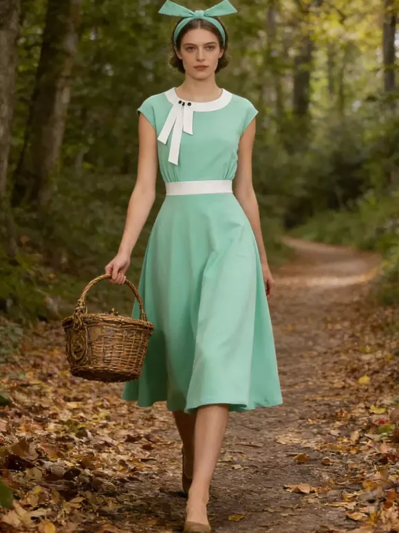 Vintage Swing Dress Women's 1950s Contrast Trim Bow Neck Tea Party Dress