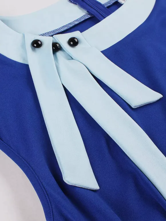 Vintage Swing Dress Women's 1950s Contrast Trim Bow Neck Tea Party Dress