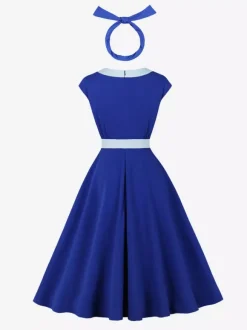 Vintage Swing Dress Women's 1950s Contrast Trim Bow Neck Tea Party Dress