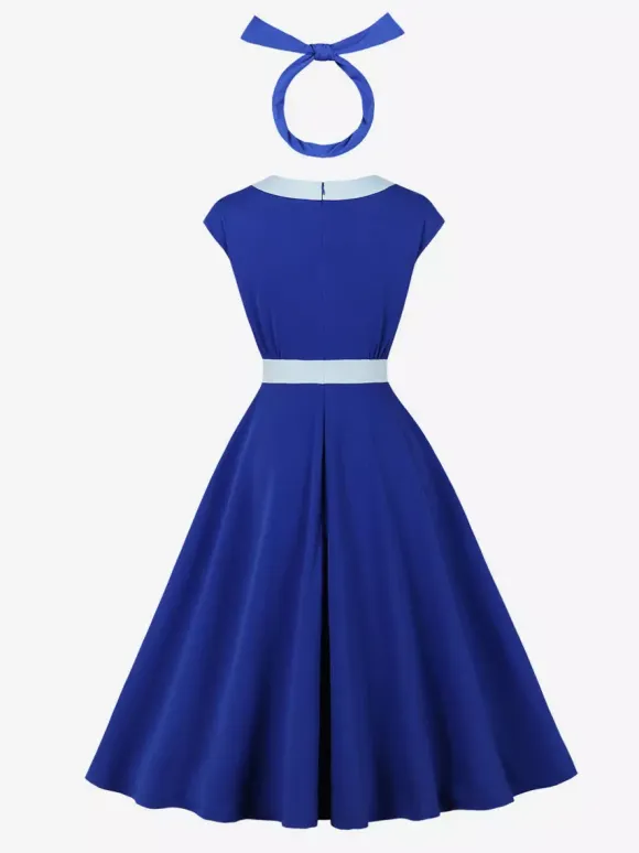 Vintage Swing Dress Women's 1950s Contrast Trim Bow Neck Tea Party Dress