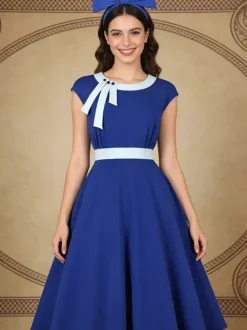 Vintage Swing Dress Women's 1950s Contrast Trim Bow Neck Tea Party Dress