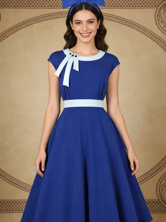 Vintage Swing Dress Women's 1950s Contrast Trim Bow Neck Tea Party Dress