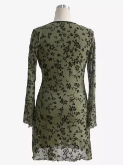 Vintage V Neck Flocked Floral Flare Sleeve Mini Dress For Women 2026