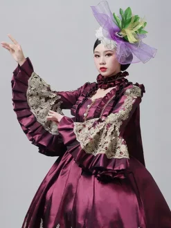 Vintage Victorian Dress Marie Antoinette Style Emboridery Skirt Flare Long Sleeves Vintage Gown