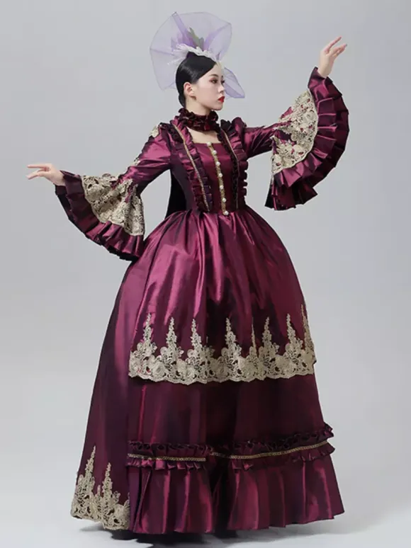 Vintage Victorian Dress Marie Antoinette Style Emboridery Skirt Flare Long Sleeves Vintage Gown