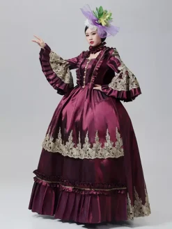 Vintage Victorian Dress Marie Antoinette Style Emboridery Skirt Flare Long Sleeves Vintage Gown