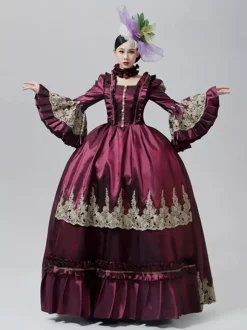 Vintage Victorian Dress Marie Antoinette Style Emboridery Skirt Flare Long Sleeves Vintage Gown