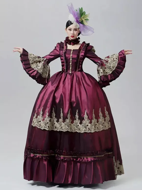 Vintage Victorian Dress Marie Antoinette Style Emboridery Skirt Flare Long Sleeves Vintage Gown