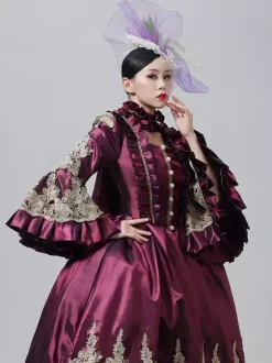Vintage Victorian Dress Marie Antoinette Style Emboridery Skirt Flare Long Sleeves Vintage Gown