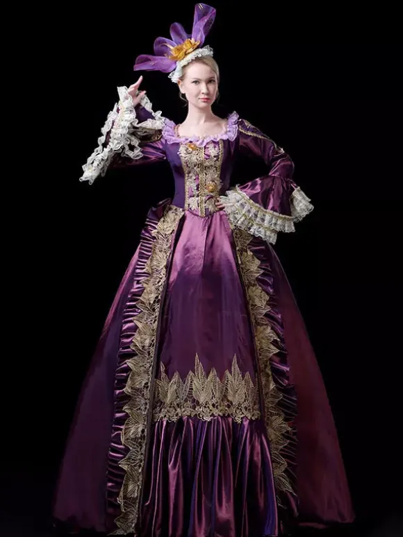 Vintage Victorian Rococo Womens Dress Flared Lace Trim Sleeves Ball Gown Dress