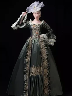 Vintage Victorian Rococo Womens Dress Flared Lace Trim Sleeves Ball Gown Dress
