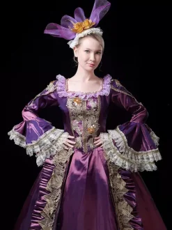 Vintage Victorian Rococo Womens Dress Flared Lace Trim Sleeves Ball Gown Dress