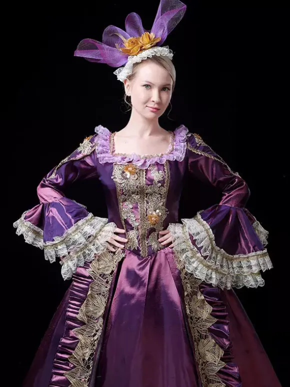 Vintage Victorian Rococo Womens Dress Flared Lace Trim Sleeves Ball Gown Dress