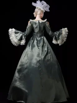 Vintage Victorian Rococo Womens Dress Flared Lace Trim Sleeves Ball Gown Dress
