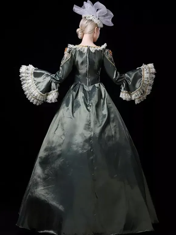 Vintage Victorian Rococo Womens Dress Flared Lace Trim Sleeves Ball Gown Dress