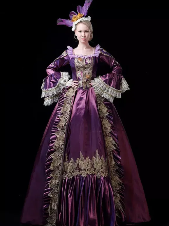 Vintage Victorian Rococo Womens Dress Flared Lace Trim Sleeves Ball Gown Dress