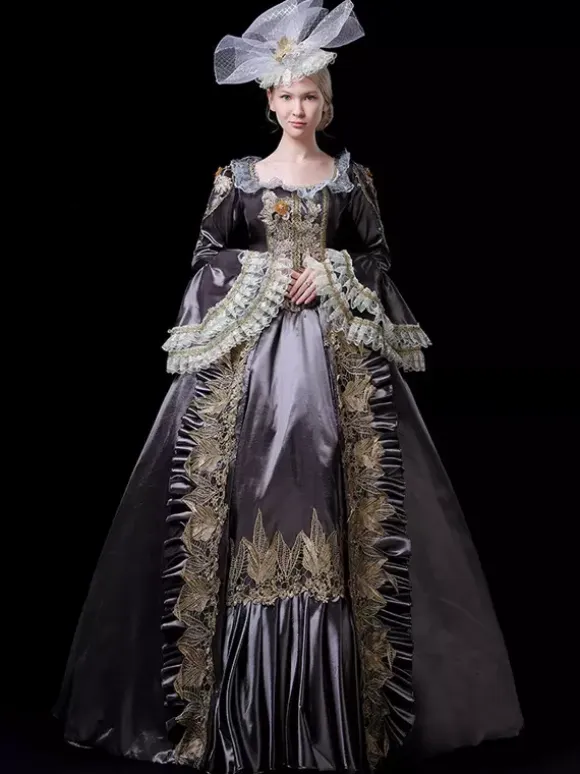 Vintage Victorian Rococo Womens Dress Flared Lace Trim Sleeves Ball Gown Dress