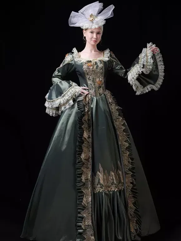 Vintage Victorian Rococo Womens Dress Flared Lace Trim Sleeves Ball Gown Dress