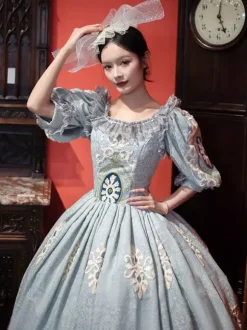 Vintage Victorian Rococo Women's Dress Short Puff Sleeves Ruffles Trim Ball Gown Dress
