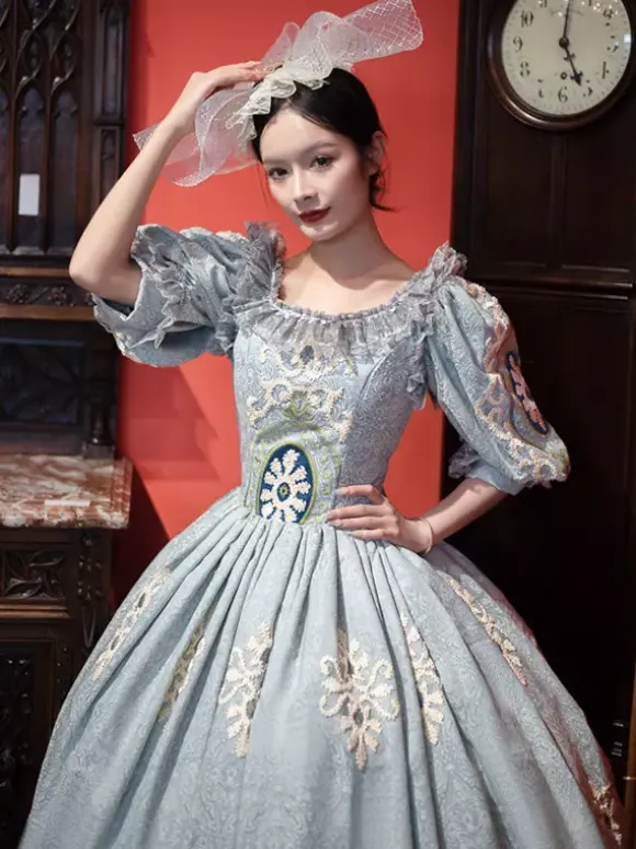 Vintage Victorian Rococo Women's Dress Short Puff Sleeves Ruffles Trim Ball Gown Dress