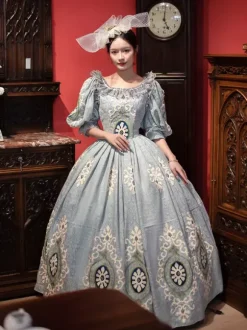 Vintage Victorian Rococo Women's Dress Short Puff Sleeves Ruffles Trim Ball Gown Dress
