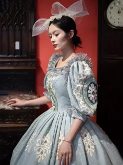 Vintage Victorian Rococo Women's Dress Short Puff Sleeves Ruffles Trim Ball Gown Dress