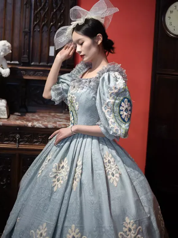 Vintage Victorian Rococo Women's Dress Short Puff Sleeves Ruffles Trim Ball Gown Dress