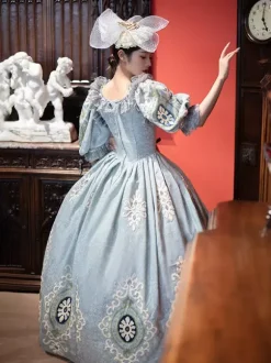 Vintage Victorian Rococo Women's Dress Short Puff Sleeves Ruffles Trim Ball Gown Dress