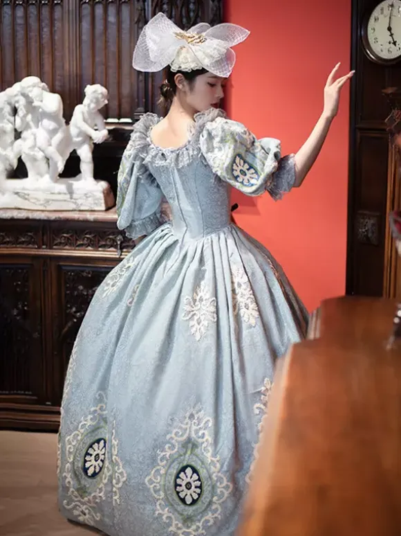 Vintage Victorian Rococo Women's Dress Short Puff Sleeves Ruffles Trim Ball Gown Dress