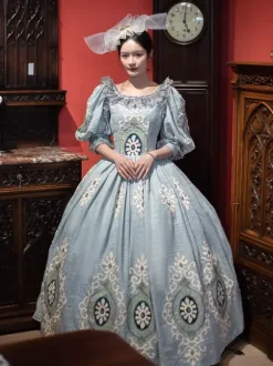 Vintage Victorian Rococo Women's Dress Short Puff Sleeves Ruffles Trim Ball Gown Dress
