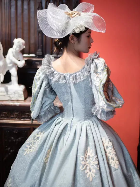 Vintage Victorian Rococo Women's Dress Short Puff Sleeves Ruffles Trim Ball Gown Dress