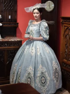 Vintage Victorian Rococo Women's Dress Short Puff Sleeves Ruffles Trim Ball Gown Dress