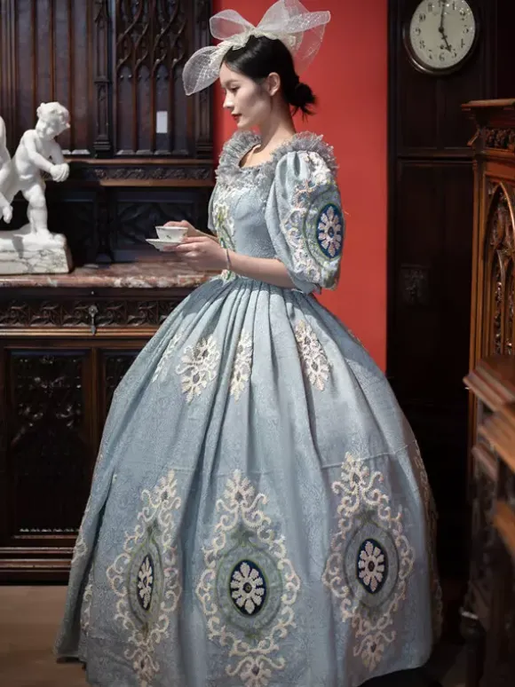 Vintage Victorian Rococo Women's Dress Short Puff Sleeves Ruffles Trim Ball Gown Dress