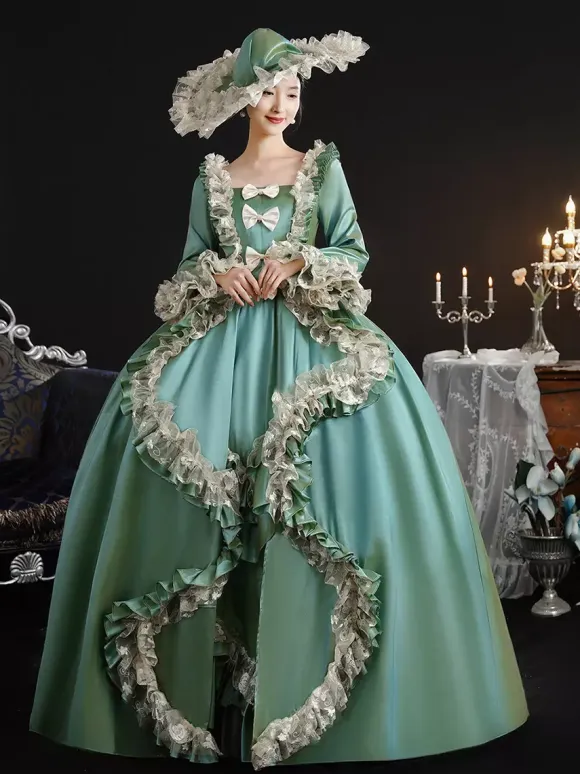 Vintage Victorian Womens Dress 18th-Century Wide Hipped Silhouette Green Retro Dress