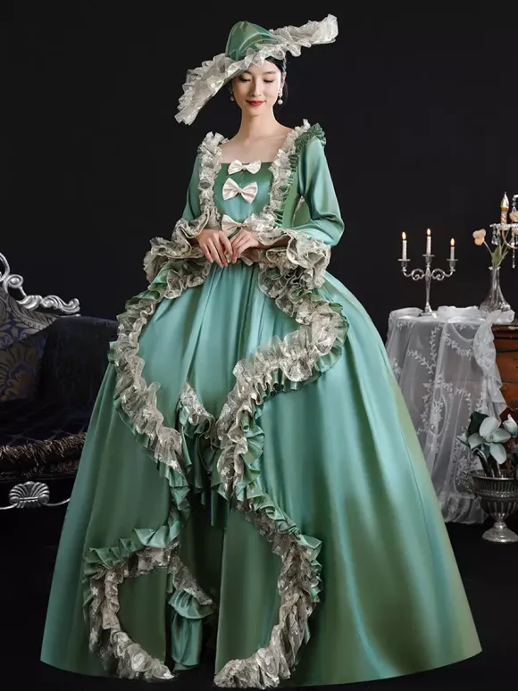 Vintage Victorian Womens Dress 18th-Century Wide Hipped Silhouette Green Retro Dress