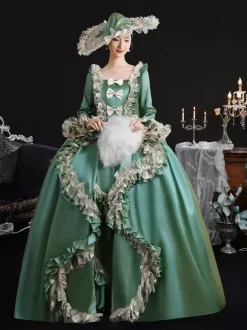 Vintage Victorian Womens Dress 18th-Century Wide Hipped Silhouette Green Retro Dress