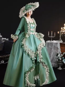 Vintage Victorian Womens Dress 18th-Century Wide Hipped Silhouette Green Retro Dress