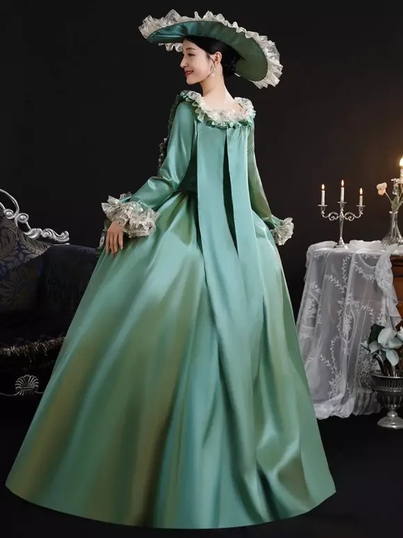 Vintage Victorian Womens Dress 18th-Century Wide Hipped Silhouette Green Retro Dress