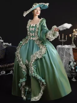 Vintage Victorian Womens Dress 18th-Century Wide Hipped Silhouette Green Retro Dress