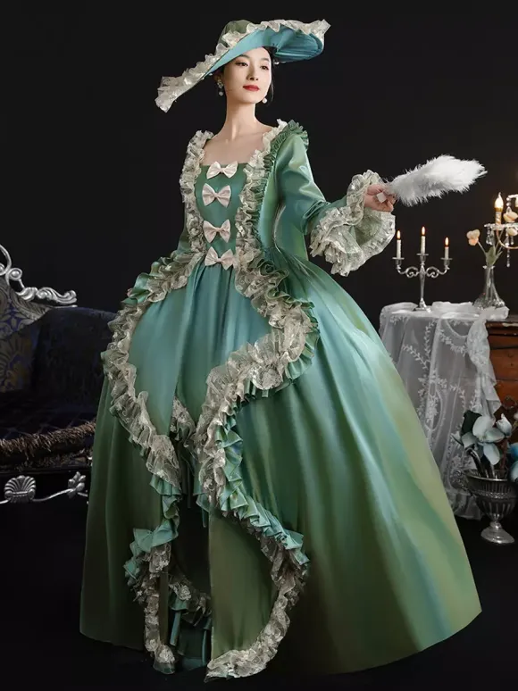 Vintage Victorian Womens Dress 18th-Century Wide Hipped Silhouette Green Retro Dress