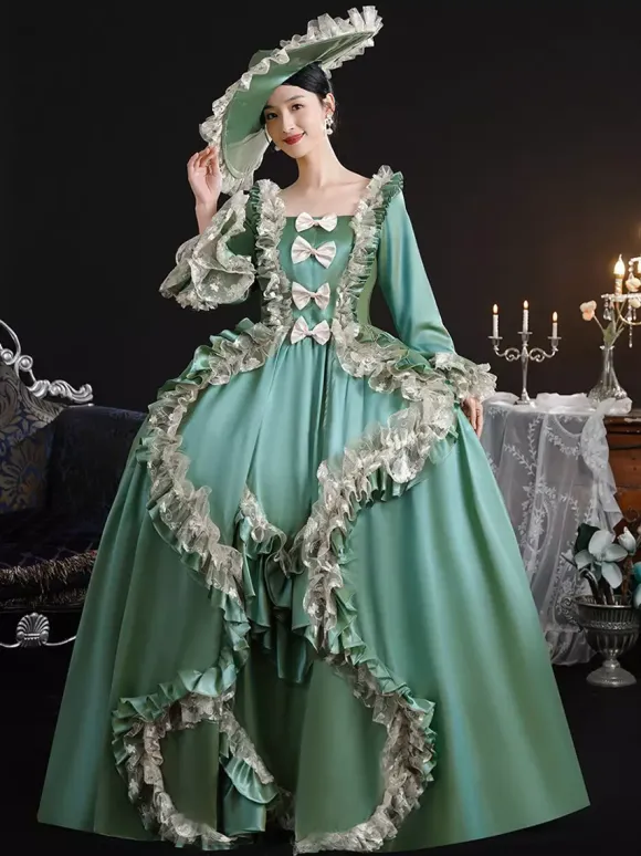 Vintage Victorian Womens Dress 18th-Century Wide Hipped Silhouette Green Retro Dress