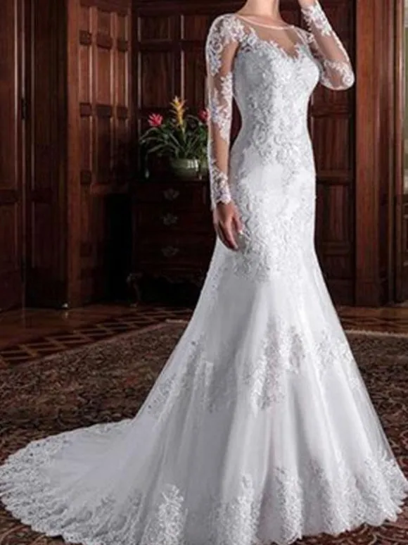 Vintage Wedding Bridal Dress 2026 Sheath Illusion Neck Long Sleeve Lace Applique Wedding Dresses With Train
