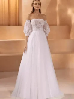 Vintage Wedding Dress Strapless Half Sleeves Natural Waist Lace With Train Lace Bridal Gowns