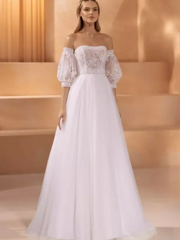 Vintage Wedding Dress Strapless Half Sleeves Natural Waist Lace With Train Lace Bridal Gowns
