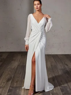 Vintage Wedding Dress V-Neck Long Sleeves Natural Waist Stretch Crepe Sweep Pleated Bridal Dress